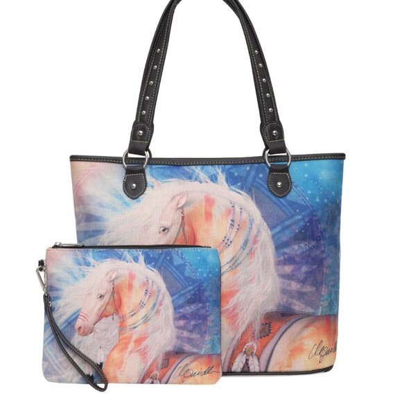 MONTANA WEST Horse Graphic Canvas Shoulder Tote & Wristlet Set NWT - Picture 1 of 11